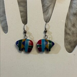 Vintage Southwestern multi stone bear pierced earrings, silver turquoise